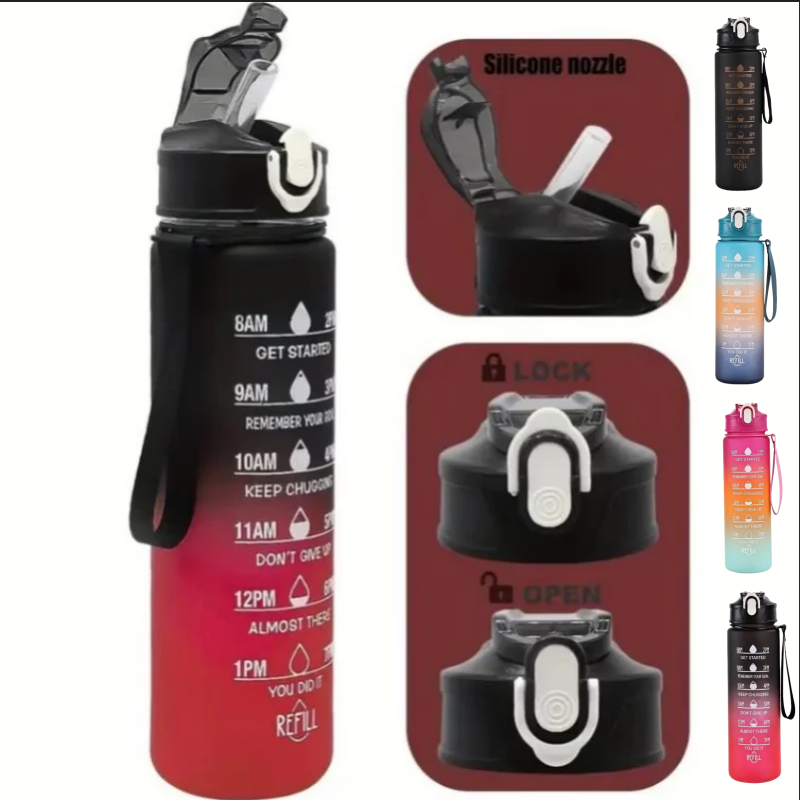 Outdoor Adventure Sports - 750ml Sporttrinkflasche mit Zeitmarkierung, auslaufsicherem Strohhalm