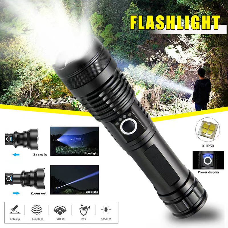 Outdoor Adventure Trips - Hochleistungs-XHP70-LED-Taschenlampe, wiederaufladbar, USB-C-Taschenlampe, zoombare Handlaterne, wasserdichte